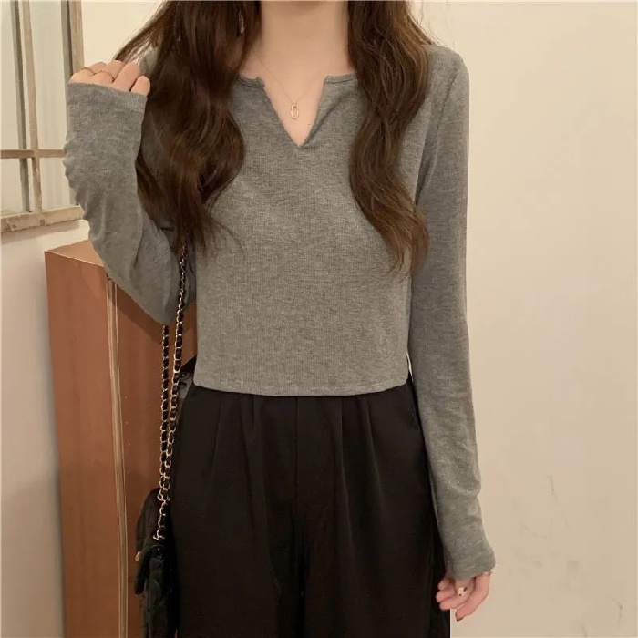 Áo thun SUXI tay dài cổ chữ V dáng ôm thời trang mùa thu phong cách Hàn Quốc cho nữ
