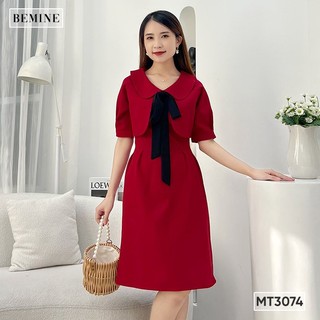Đầm cổ sơ mi vạt ngực phối nơ tay ngắn BEMINE MT3074DO