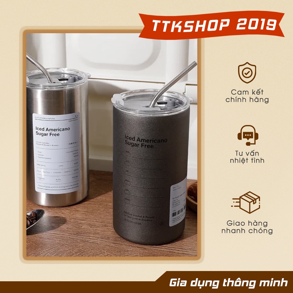 Ly giữ nhiệt Iced Americano ⚡ GIÁ SỐC ⚡ Ly giữ nhiệt 600 ml tặng kèm ống hút inox và cây vệ sinh ống hút