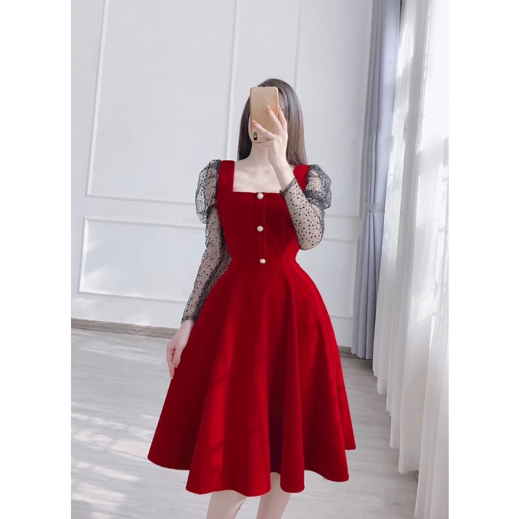 ĐẦM ĐỎ CHỨNG TỎ HOT GIRL -ĐẦM FORD TAY LƯỚI ĐEN ĐÍNH NÚT ÔM EO DÁNG DÀI XÒE TONE ĐỎ CHỦ ĐẠO CỰC XINH ĐẸP ĐI CHƠI DỰ TIỆC