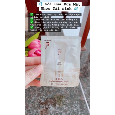 1 Gói Sữa Rửa Mặt Whoo Tái Sinh Sạch Sâu Dịu Nhẹ Dùng Được Cho Mọi Loại Da Kể Cả Da Treatment 2Ml