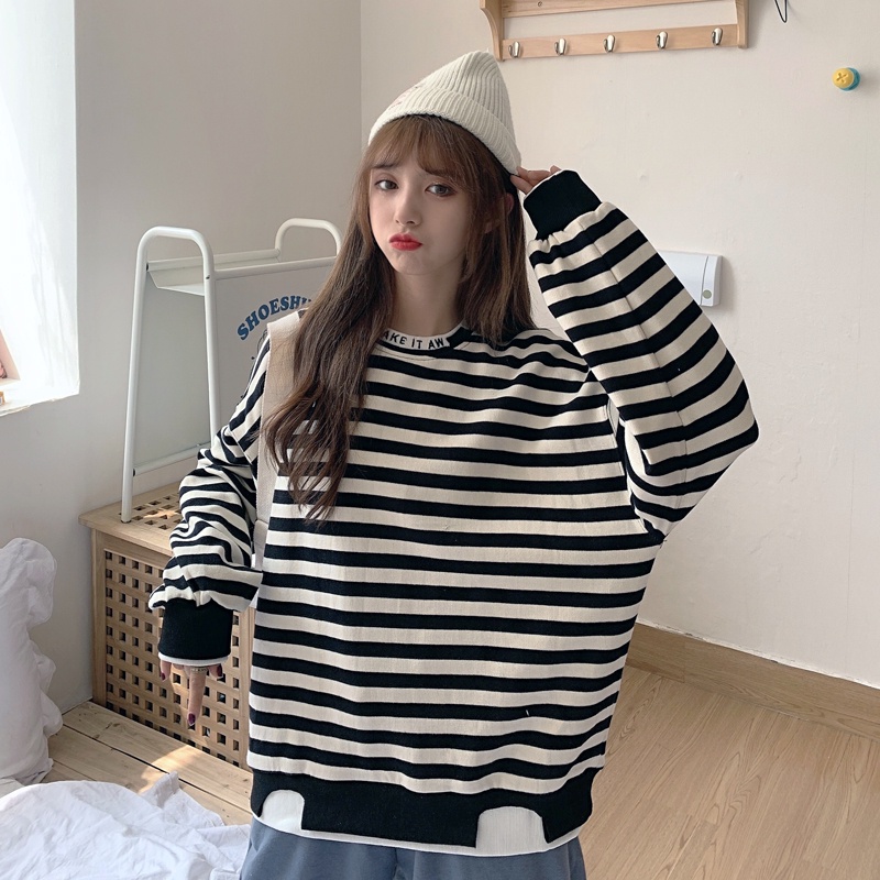 SUXI Áo Nỉ Dài Tay Sọc Ngang Thời Trang Nữ