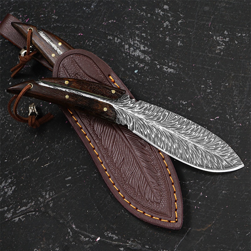 Gỗ Đàn Hương Tay Cầm Lông Vũ Hoa Văn Dao Thẳng Damascus Dao Thép Không Gỉ Dao Trái Cây Cắm Trại Ngoài Trời Dao Dao Bỏ Tú