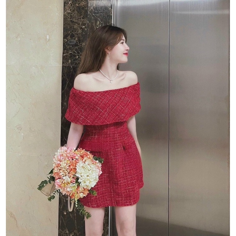Hình Chụp Thật (Sau) - Đầm Dạ Trễ Vai Offit Cho Ngày Tết Chất Dày Dặn (Hàng 2 Lớp) Có lót Quần