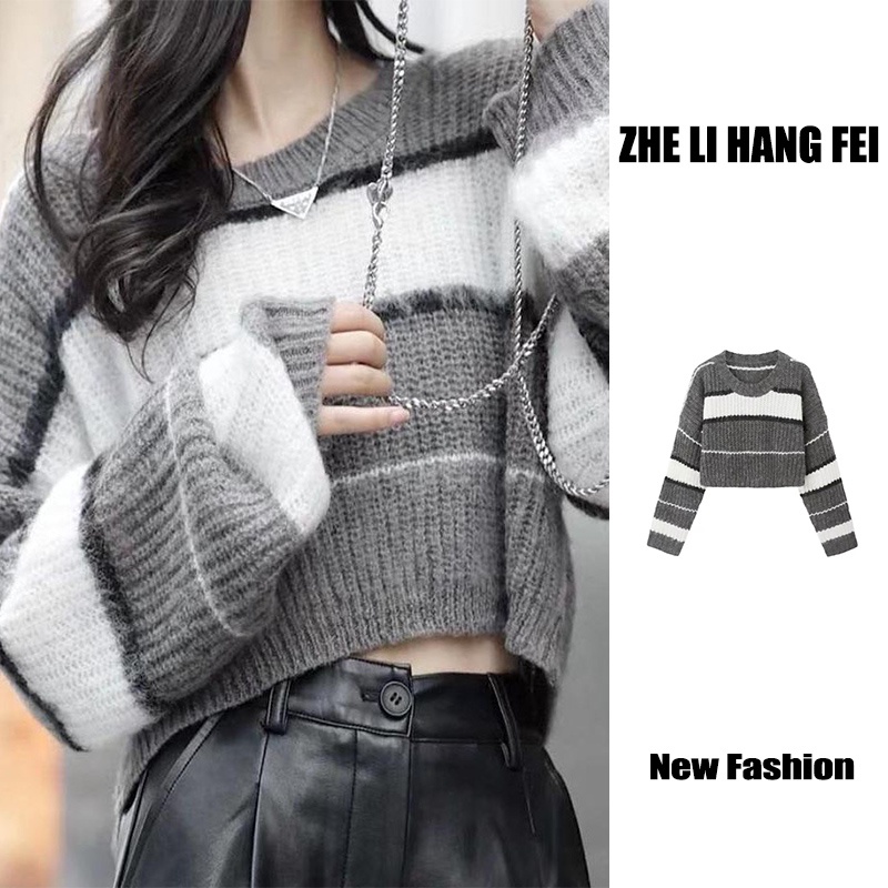 Áo croptop dệt kim ZHELIHANGFEI tay dài eo cao kẻ sọc đơn giản thời trang