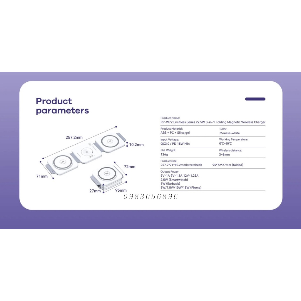 Đế Sạc Nhanh Không Dây 22.5W gấp gọn 3in1 Remax Rp - W72