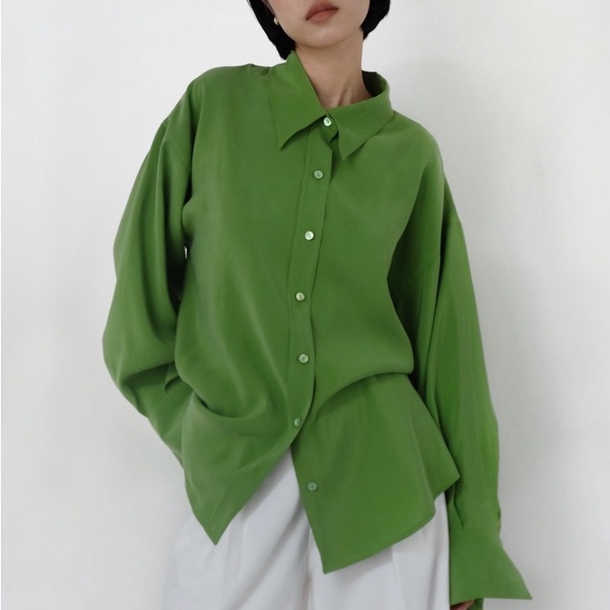 /ou'ba:d/ - ÁO SƠMI XANH LÁ dài tay, form rộng oversize basic nam nữ chất vải lụa mềm mại S/M