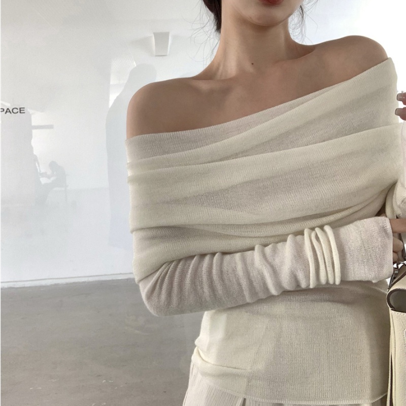 COZOKC COZOK Áo thun dệt kim COZOK trễ vai mỏng dài tay