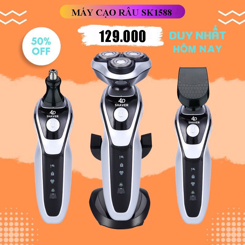 Máy cạo râu 4D cao cấp đa năng 3in1 SHAVER SK 1588, lưỡi tự mài, không gây đau rát.