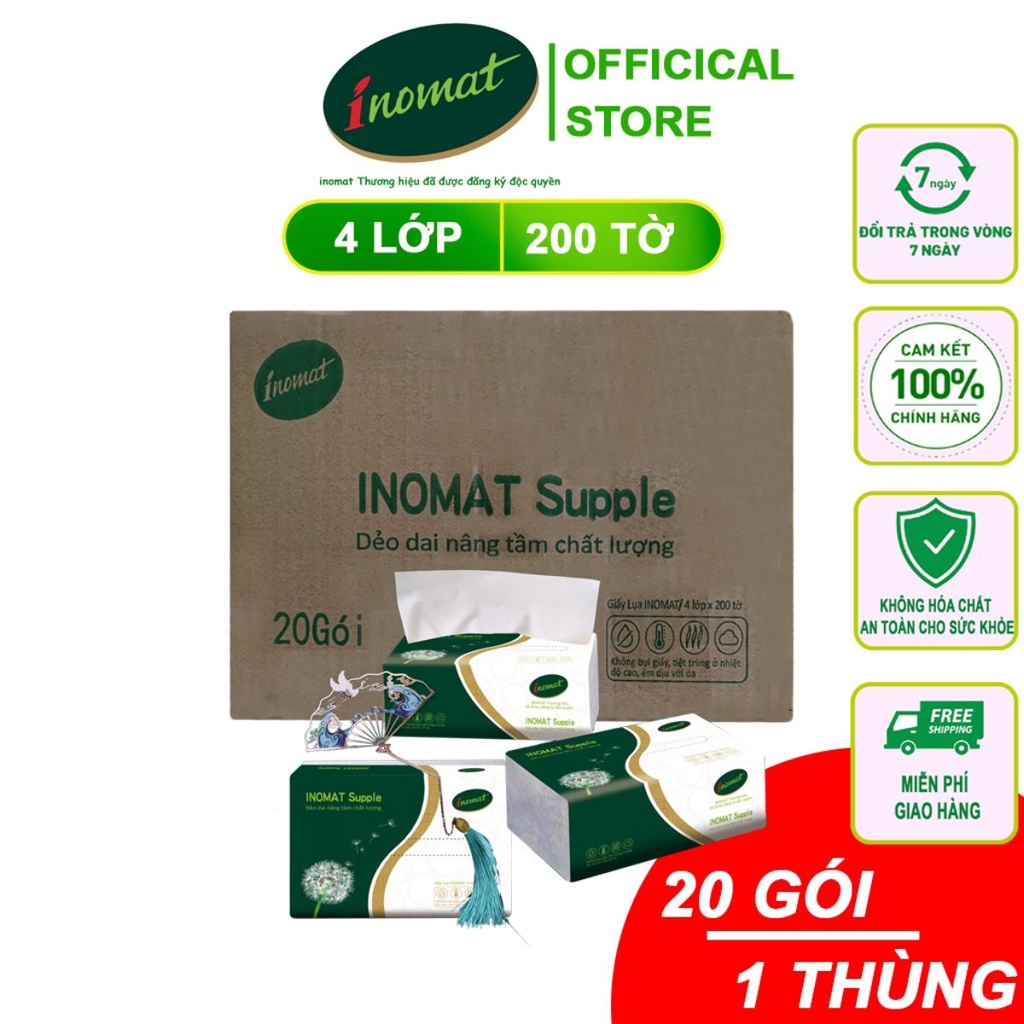 Giấy ăn gấu trúc thùng 20 gói dạng khăn giấy rút 4 lớp 200 tờ mềm mại dẻo dai nguyên liệu thiên nhiên INOMAT SUPPLE