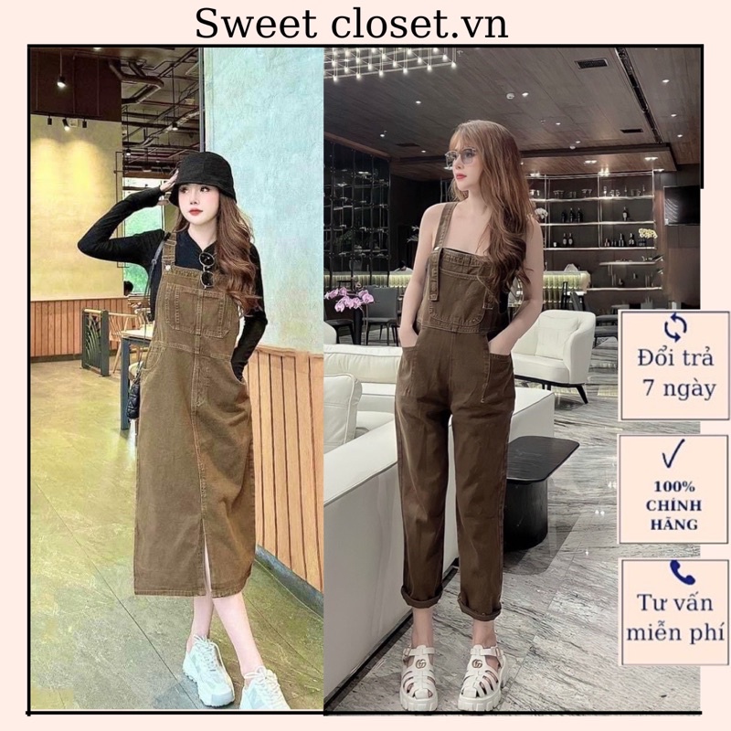 ( Sẵn hình thật) Quần váy yếm jean nâu tây baggy Unisex chất mềm túi hộp trước dây điều chỉnh