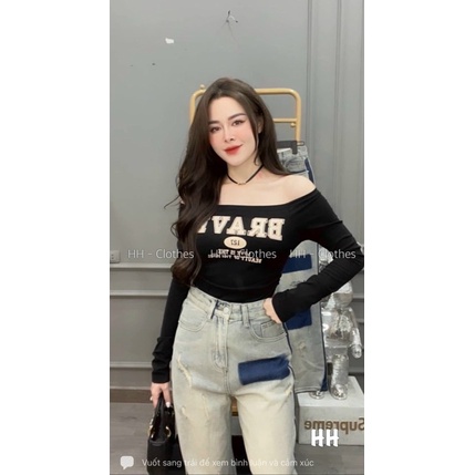 Áo thun bẹt vai thun borip Brave, Áo croptop tay dài bẹt vai phom ôm màu trơn  🔥🔥🔥L9888