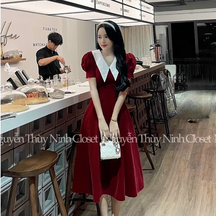 GKM_FREESHIP Đầm xòe nữ tay ngắn cổ thủy thủ cách điệu màu đỏ đen phá cách chất liệu nhung cứng duyên dáng việt LUNA DSS