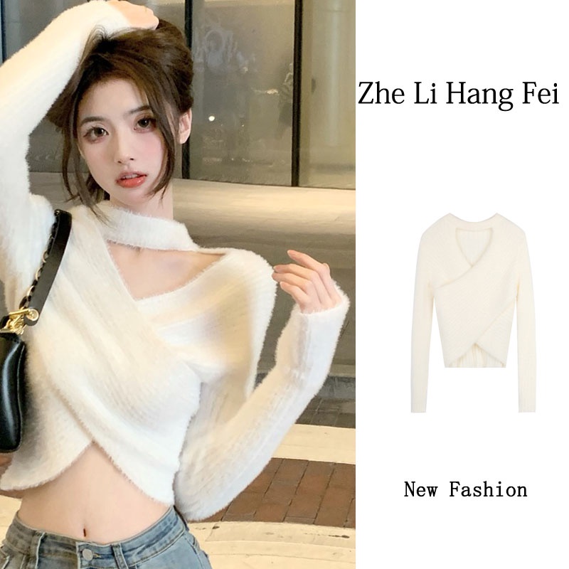 ZHELIHANGFEI Áo Len Cổ Chữ V Tay Dài Thời Trang Quyến Rũ Cho Nữ