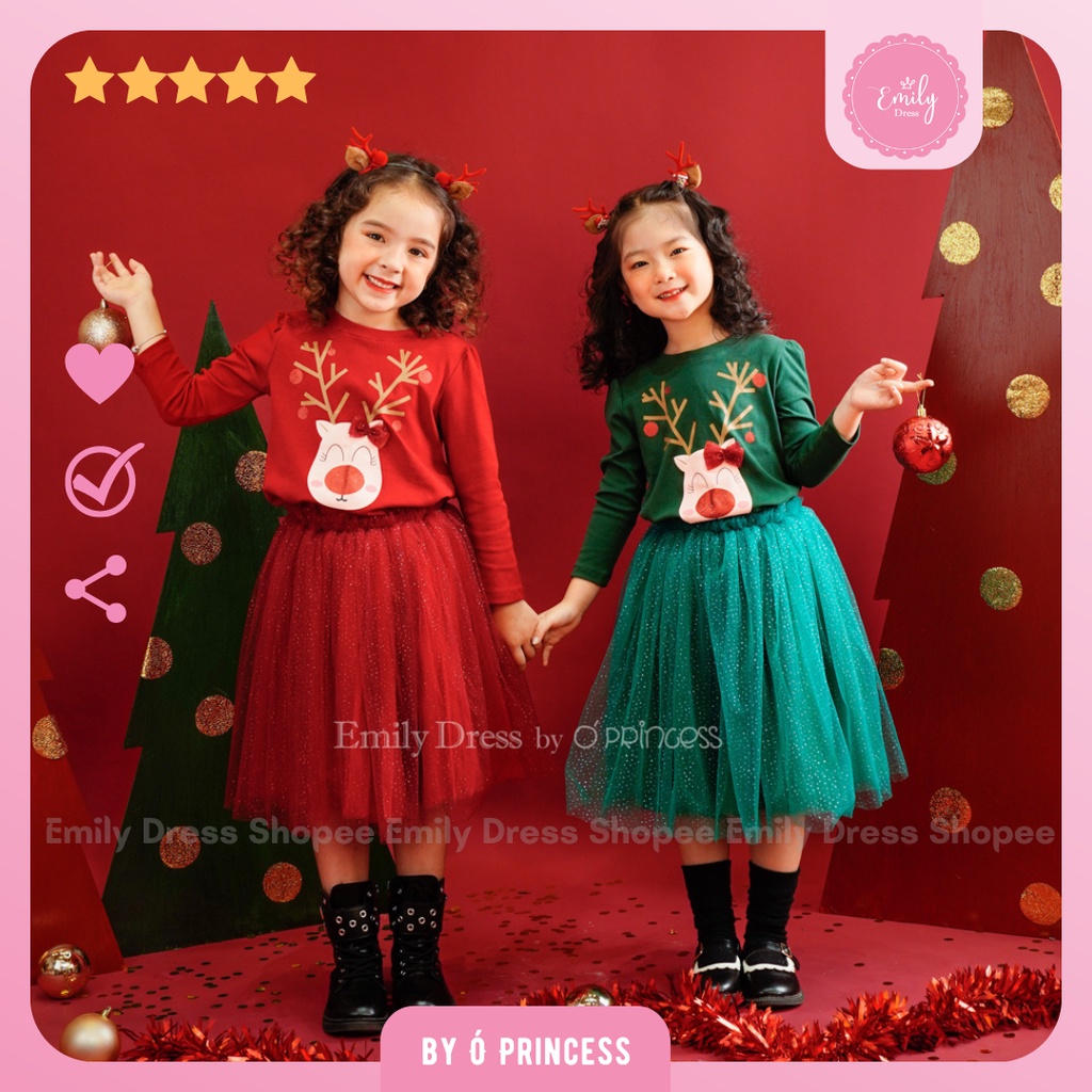 Combo váy công chúa Tuần Lộc diện Giáng Sinh, áo cotton kèm chân váy tutu xòe bồng cho bé gái [JJ01]