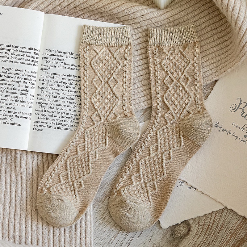 Vớ Len Dài Trung Bình Màu Trơn Họa Tiết Kim Cương Đơn Giản Phong Cách Nhật Bản Giữ Ấm Mùa Thu Đông Đa Năng XWNYDER