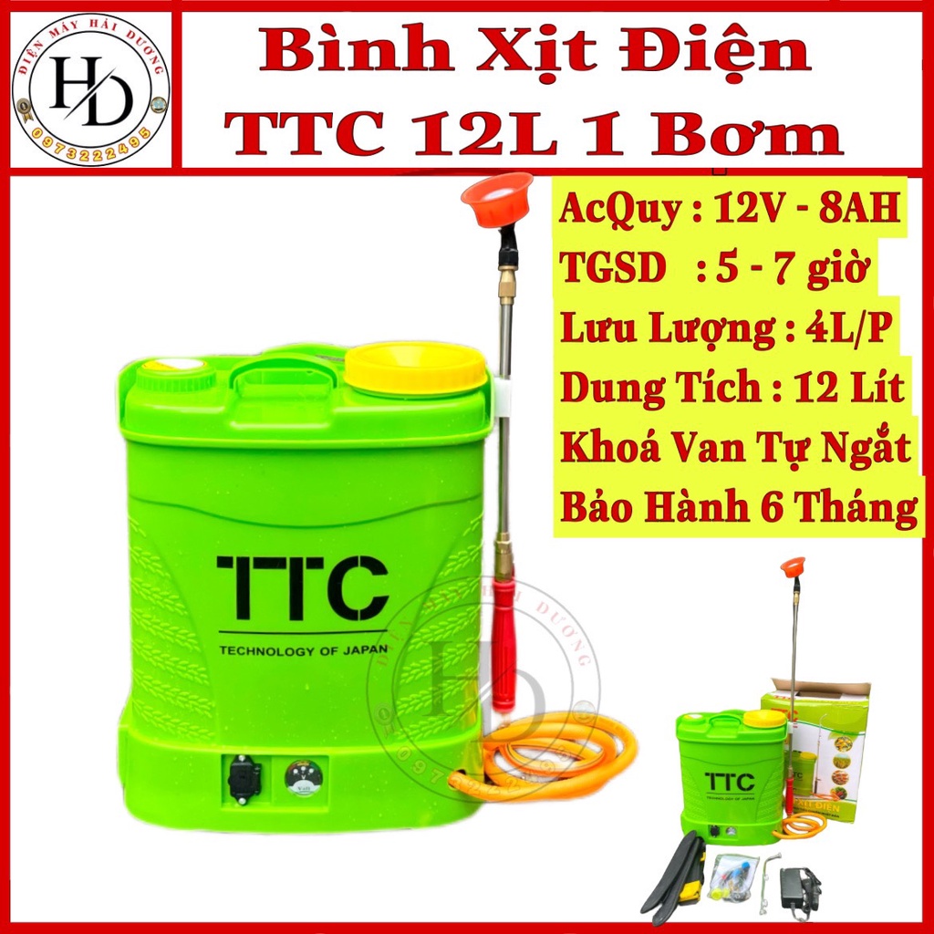 Bình xịt điện,Bình bơm thuốc sâu 12 Lít | 1 Bơm .Hiệu TTC Acquy 12V 8AHz