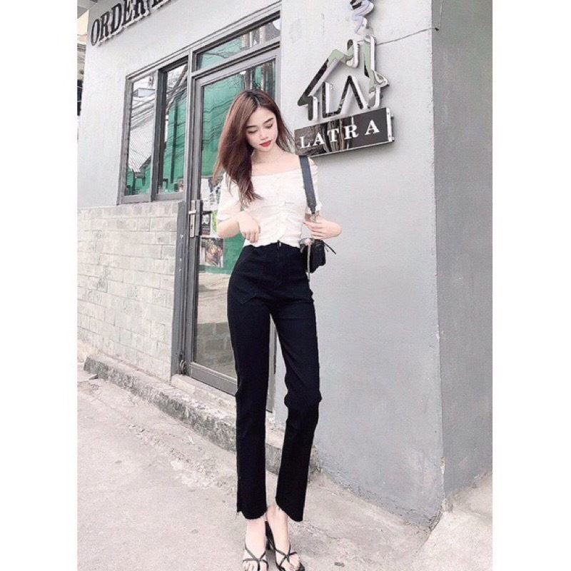 Quần bò jean nữ ống đứng jeans cạp cao co giãn rộng suông loe phong cách style | BigBuy360 - bigbuy360.vn