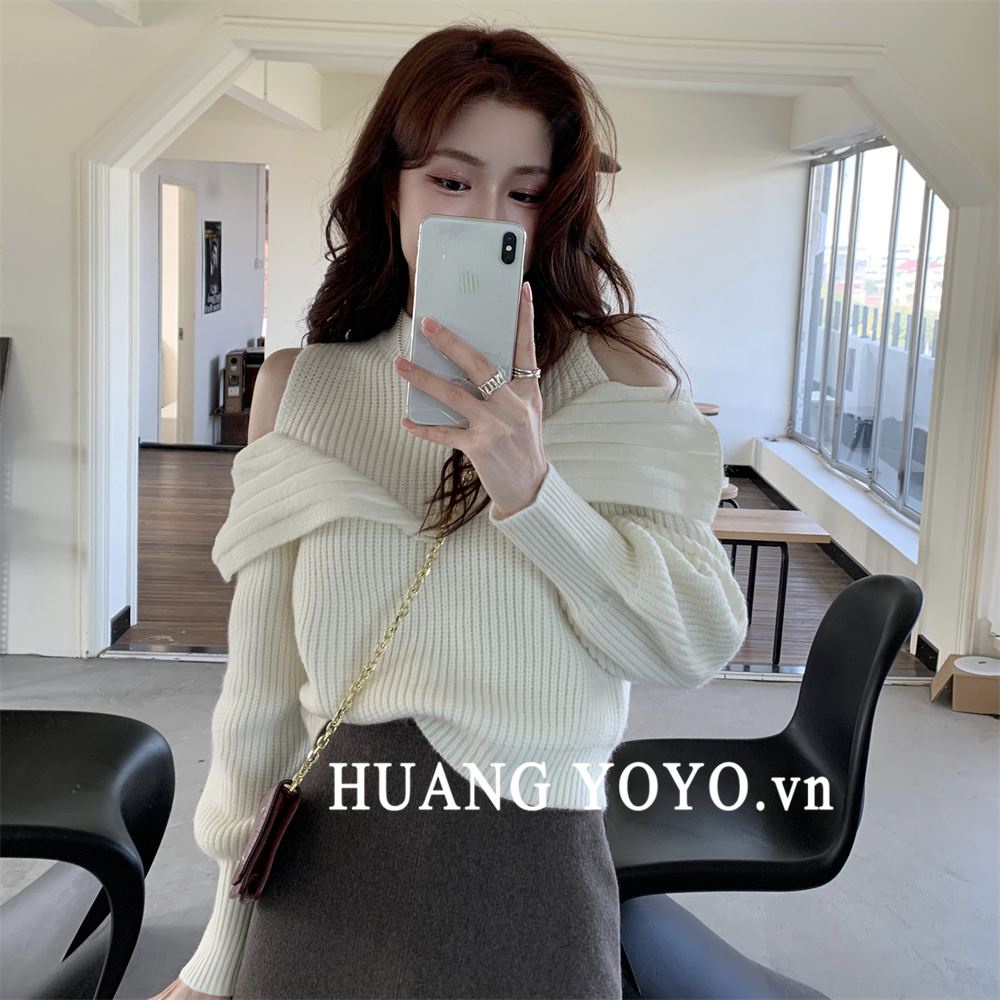 Áo dệt kim tay dài cổ tròn hở vai thời trang Hàn Quốc 2023 cho nữ
