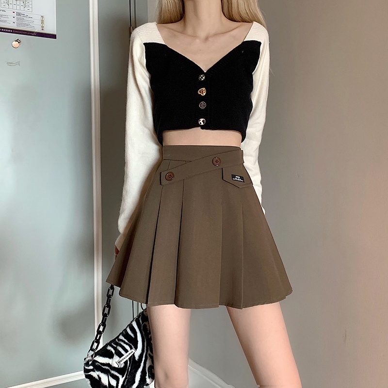 IELGY  IELGY Chân Váy Chữ a Lưng Cao Màu Cà Phê Thời Trang Cho Nữ