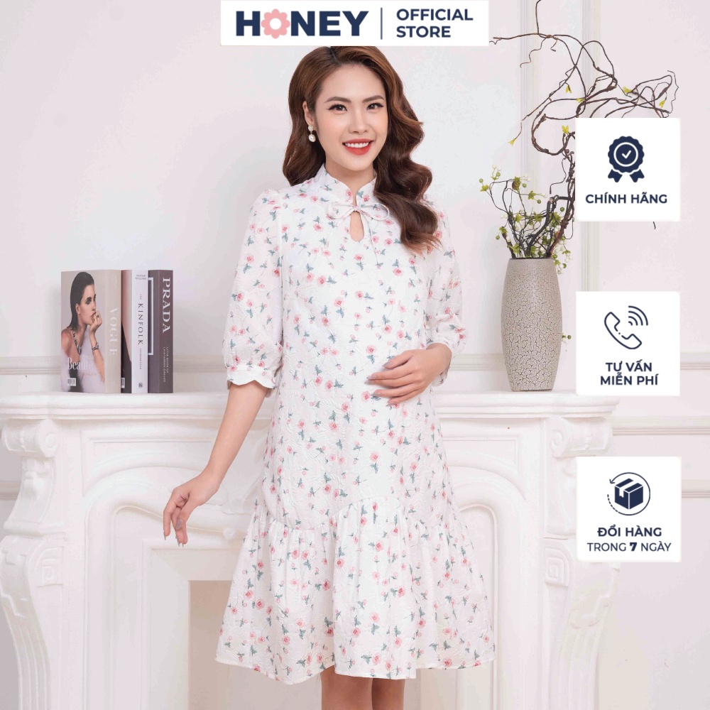 Đầm thiết kế chất liệu gấm ép họa tiết nổi - thời trang đầm bầu cao cấp honey