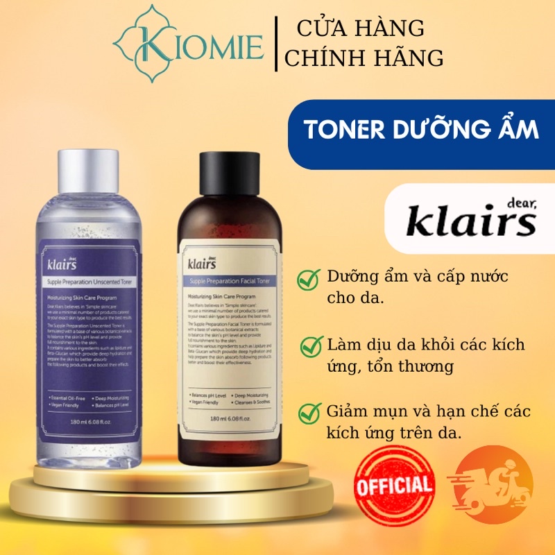 Toner klairs không mùi cấp ẩm cho da dầu nhạy cảm  nước hoa hồng klairs có mùi Supple Preparation Unscented Toner 180ml