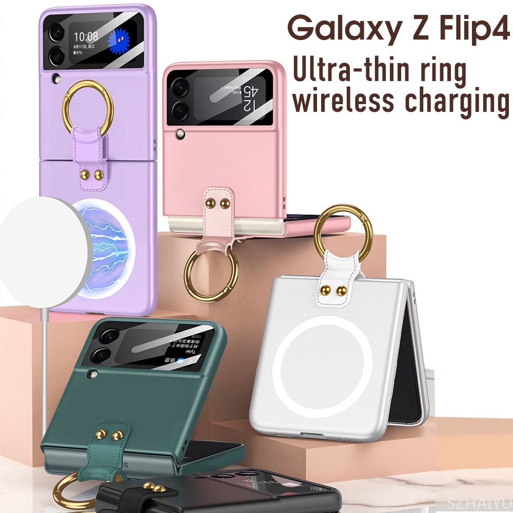 Bao Da Điện Thoại Nắp Gập Từ Tính Tích Hợp Nhẫn Giữ Và Sạc Không Dây Dành Cho Samsung Galaxy Z Flip 4 5G Flip4