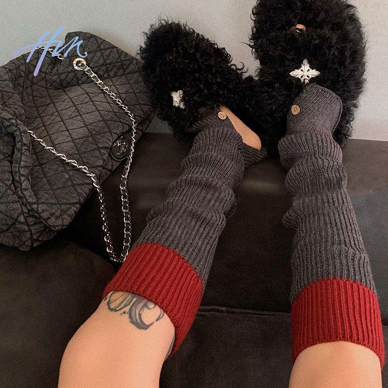 Tất Dệt Kim Cao Cổ Đính Nút Màu Sắc Tương Phản Phong Cách Mỹ y2k Cho Nữ