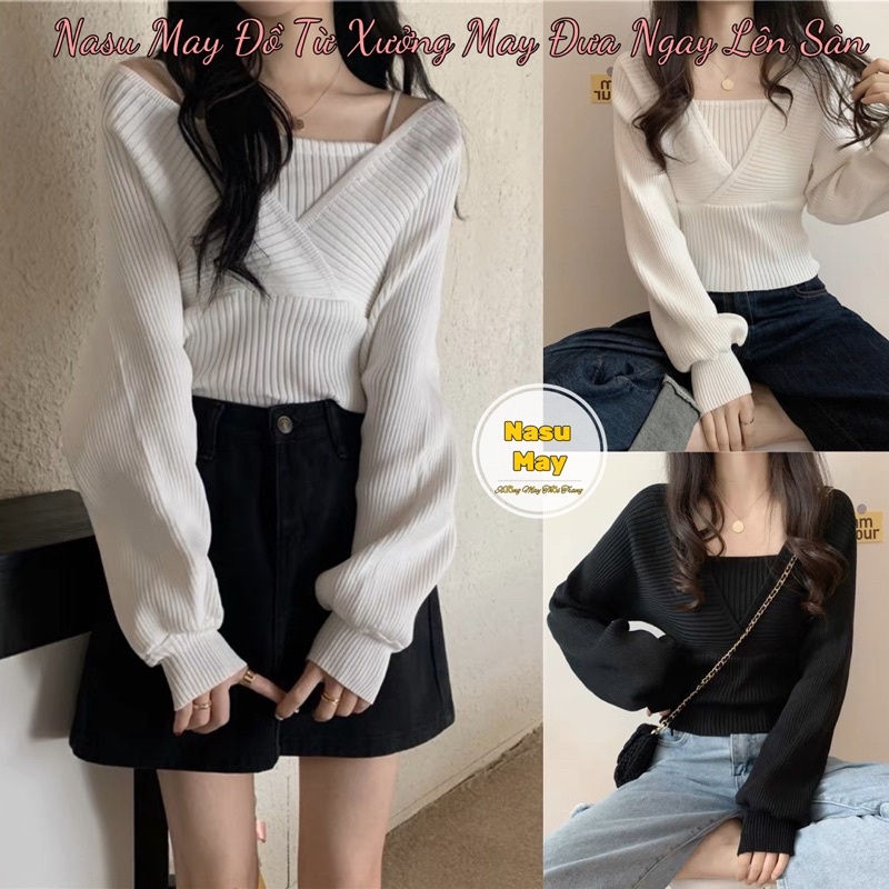 Áo Khoác Cardigan Tay Rơi Ghép Set Kèm Áo Quây Đen Trắng
