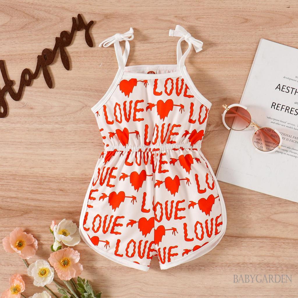 Bộ Áo Liền Quần Hai Dây Mùa Hè In Họa Tiết Trái Tim / Chữ / Da Báo / Bánh Donut Cho Bé Gái 6 Tháng Tuổi Valentin 's Day