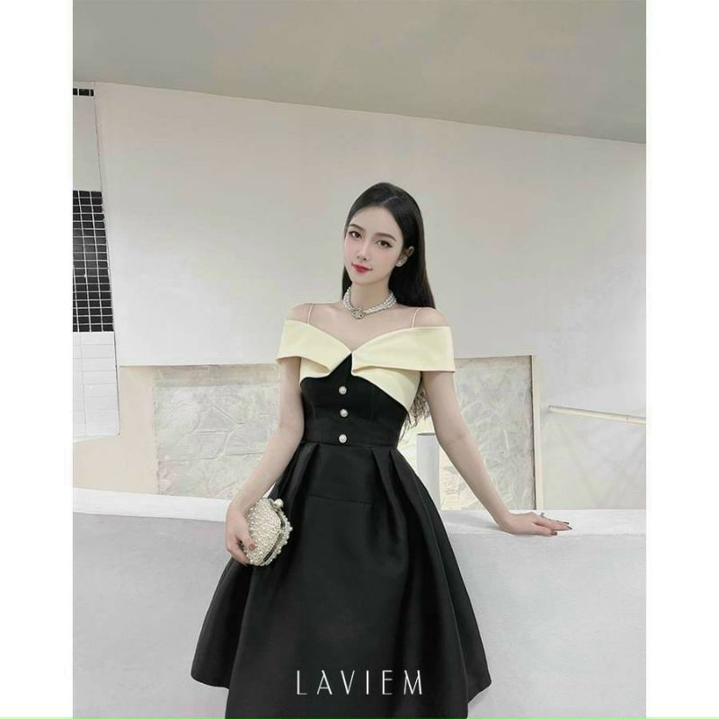 Đầm thời trang nữ sang chảnh mặc đi tiệc chất tapta cổ trễ không tay áo có đính nút váy đầm chữ a dài trên gối