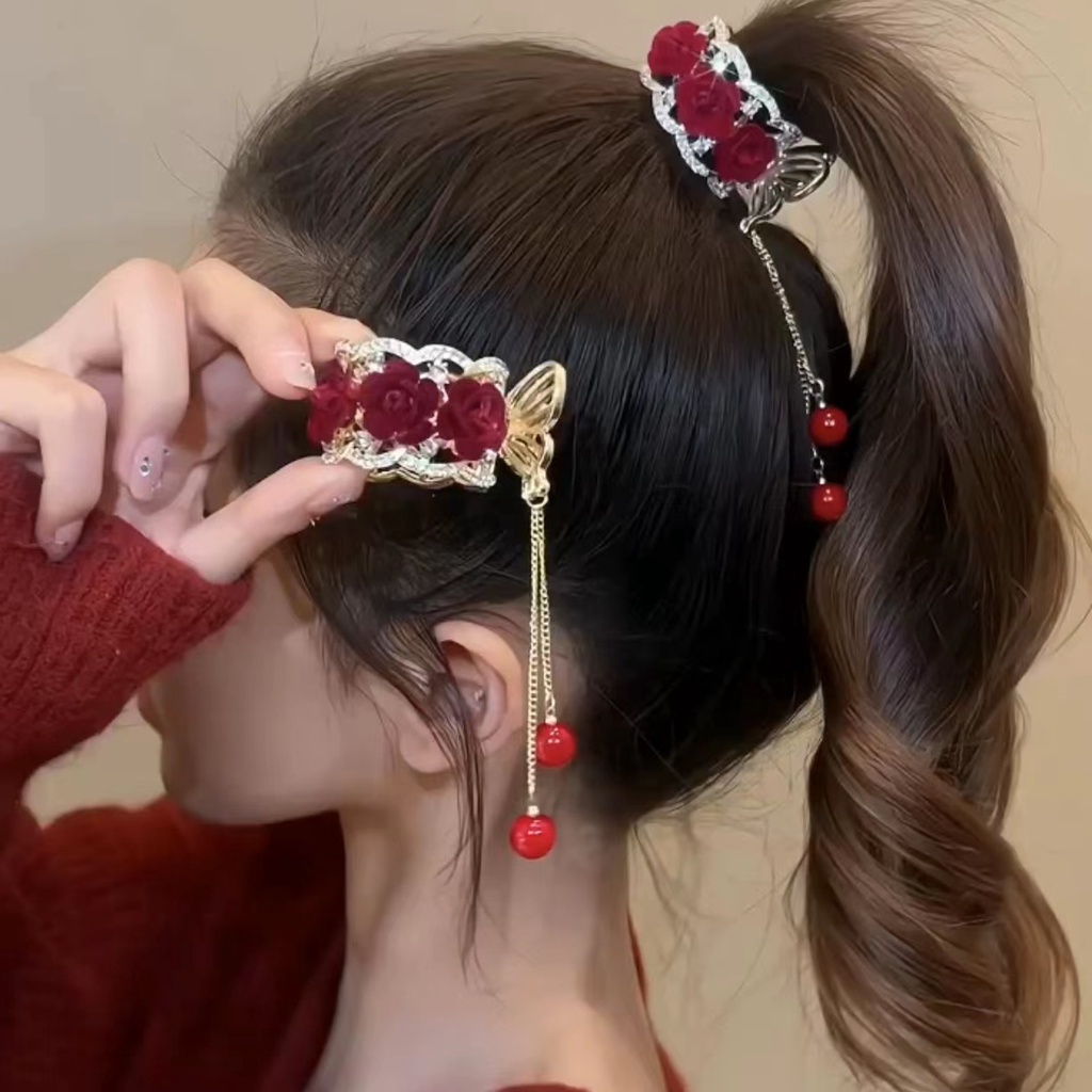 Kẹp Tóc Đuôi Ngựa Cố Định Hình Hoa Hồng Đỏ Cổ Điển Cao Cấp Phong Cách Hàn Quốc Cho Nữ