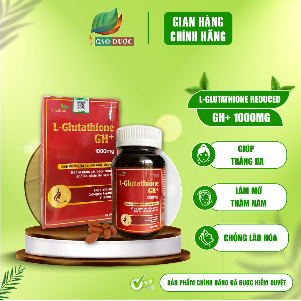 Viên uống trắng da cao cấp L-Glutathione GH+ 1000mg - Bật tông da nhanh, chống nắng, chống lão hóa, cải thiện làn da Vin