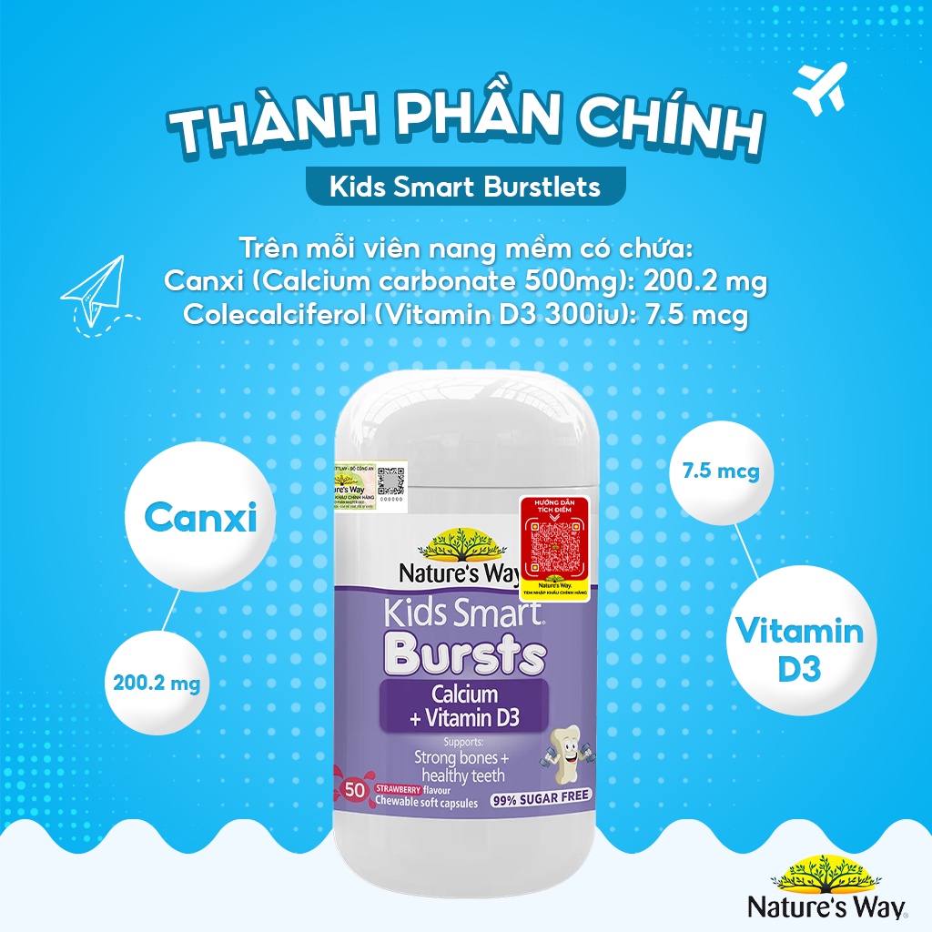 Viên Nhai Cho Bé Nature’s Way Kids Smart Calcium + Vitamin D3 Burstlets Bổ Sung Canxi, Tăng Chiều Cao Cho Bé Hộp 50 Viên