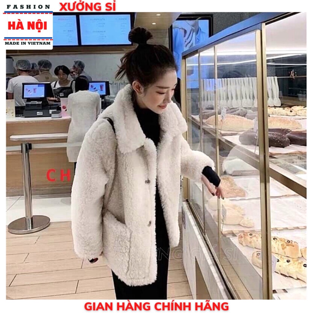 Áo Khoác Lông Cổ Bẻ Hàn Quốc 2 Túi Trước Siêu Đẹp Dáng Bazzic Phù Hợp mọi Vóc Dáng