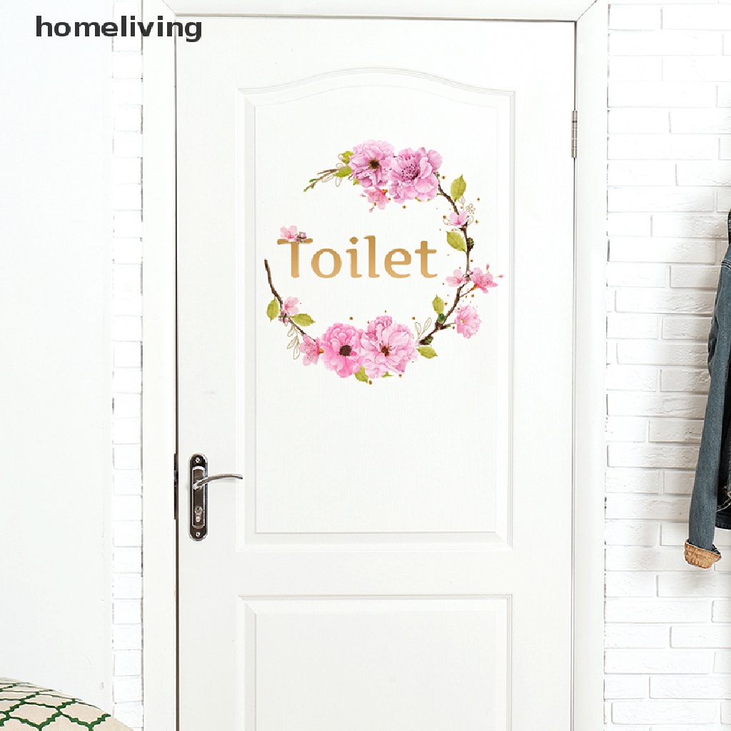 Miếng Dán Tường / Cửa Toilet In Chữ Tiếng Anh Và Hoa Lá Xinh Xắn