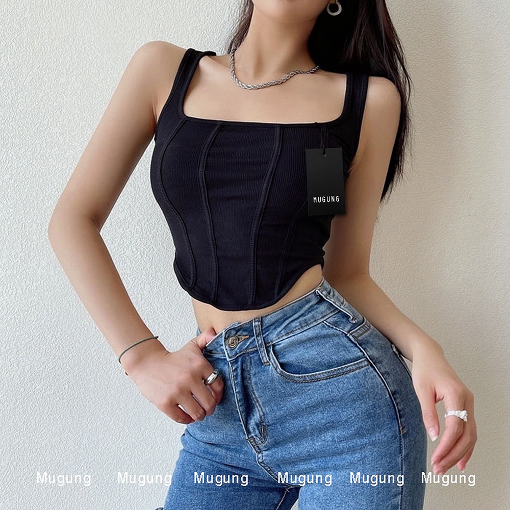 Áo croptop hai dây kiểu croset vạt bầu Mugung Áo 2 dây croptop cổ vuông chất bo gân A76