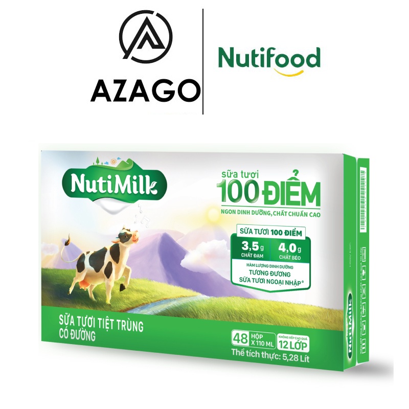 Thùng 48 Hộp NutiMilk Sữa tươi 100 điểm - Sữa tươi tiệt trùng Có đường 110ml - Thương Hiệu NUTIFOOD