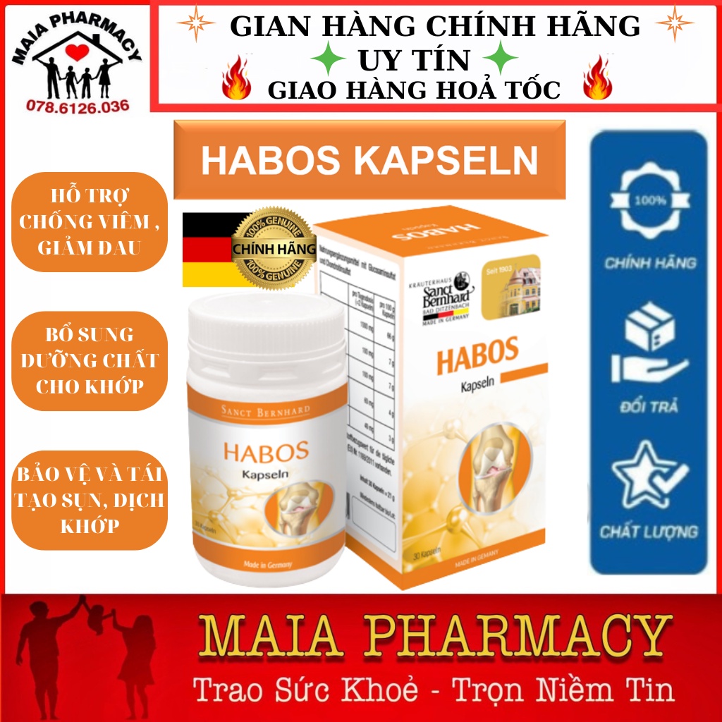 Viên Uống Bổ Xương Khớp HABOS KAPSELN Hỗ Trợ Tái Tạo Sụn Khớp Tăng Tiết Dịch Nhờn Bôi Trơn Khớp Nhập Khẩu Đức Hộp 30V
