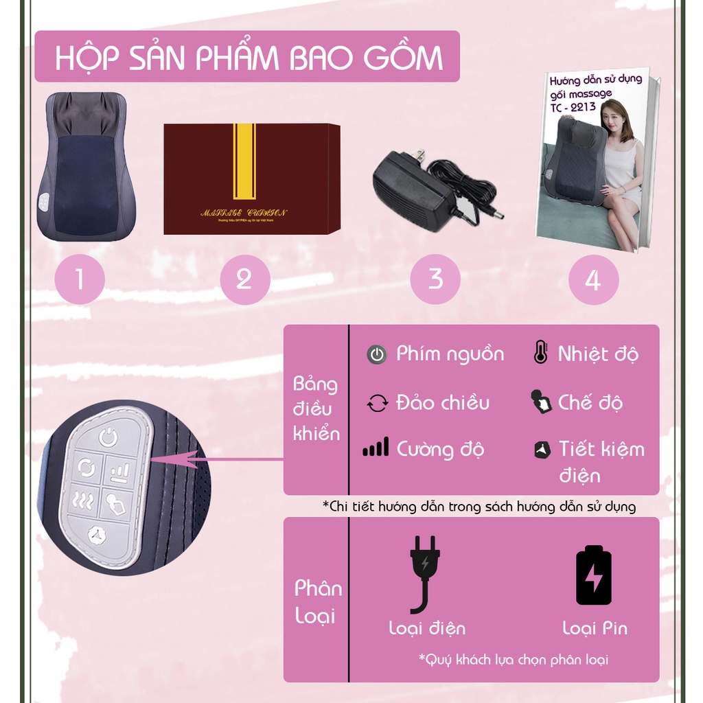 Gối massage hồng ngoại -  model 2022 SKGD-2022- đầu mát-xa cải tiển, con lăn 4D -  massage toàn thân