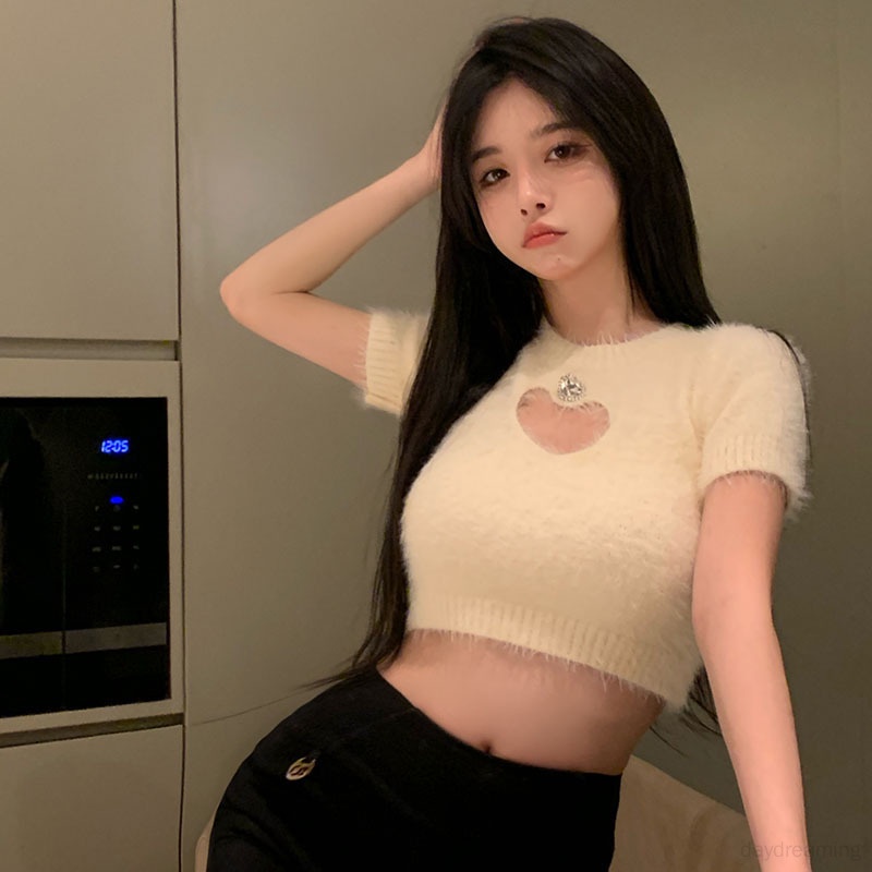 Áo Len Croptop Tay Ngắn Cổ Tròn Màu Sắc Đơn Giản Cho Nữ