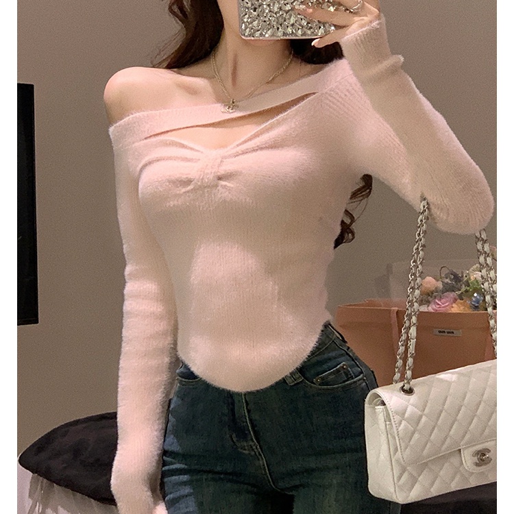 Áo croptop Dệt Kim Tay Dài Một Bên Vai Dáng Ôm Gợi Cảm Phong Cách Hàn Quốc Dành Cho Bạn Nữ