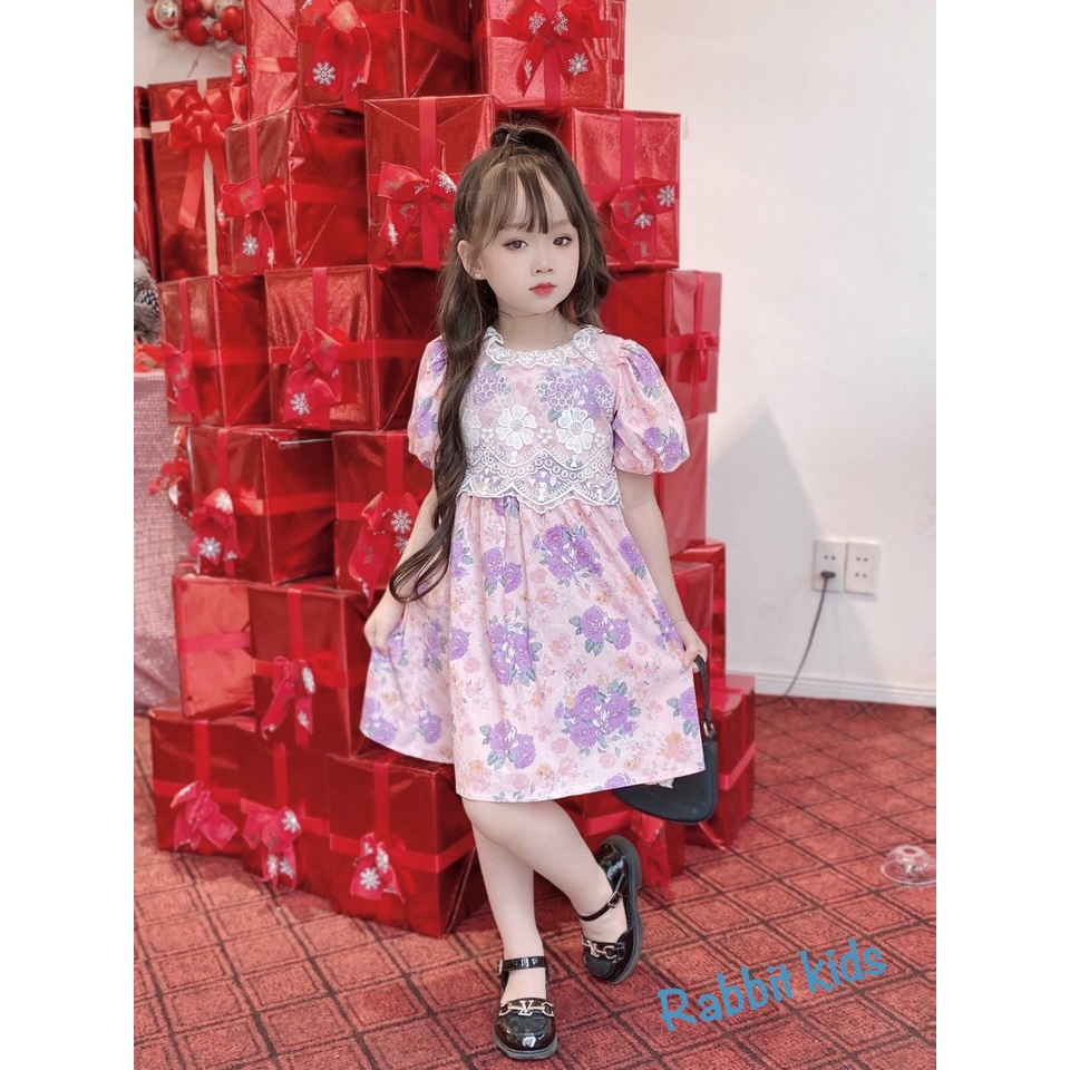 Đầm Bé Gái Size Đại 8-40kg💝FREESHIP💝 Rabbit Kids- Váy Công Chúa Hoa Tím Ren Bản To Cho Bé 5,6,7,8,9,10 tuổi