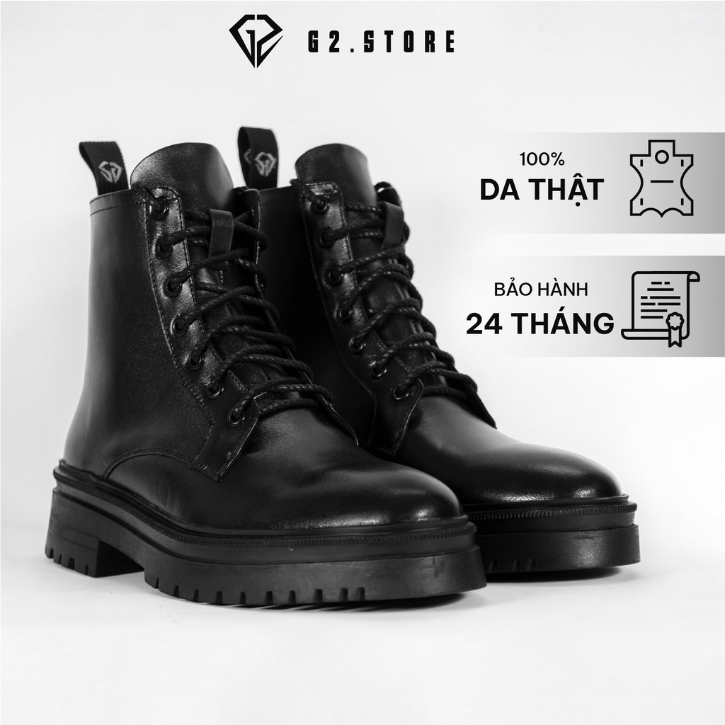 Giày combat boot G2 đế chunky bằng cao su đúc cao 5cm tăng chiều cao, Boot nam cao cổ bằng da bò nappa nhập khẩu