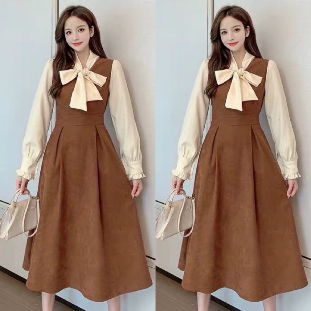 Váy đầm nữ dáng xòe tay dài quý phái phối tơ gân cực xinh họa tiết cột nơ thanh lịch dự tiệc