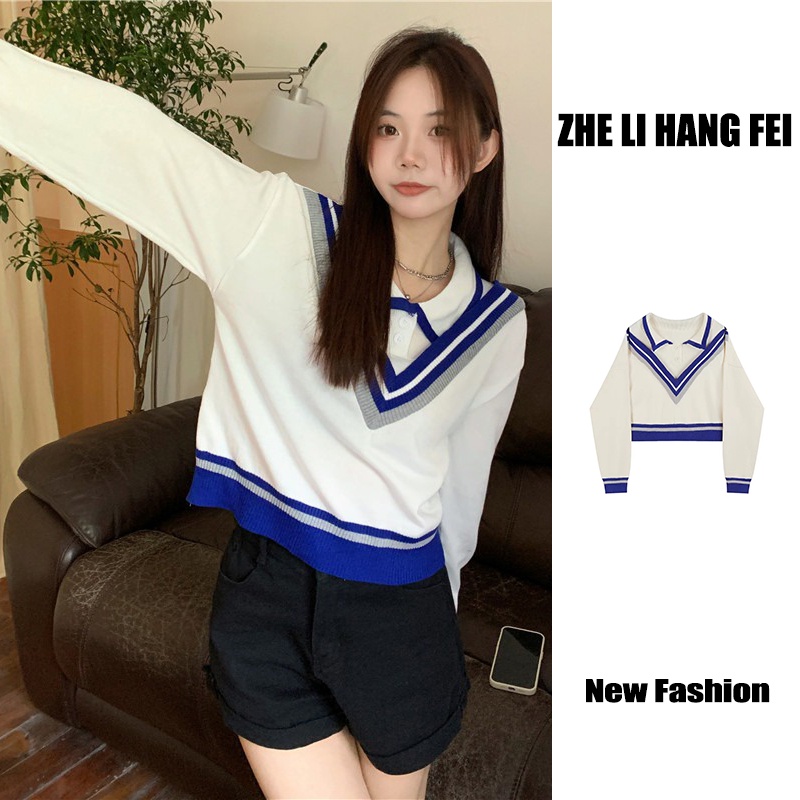 Áo len ZHELIHANGFEI tay dài dáng rộng cổ bẻ giả hai lớp dễ phối đồ thời trang