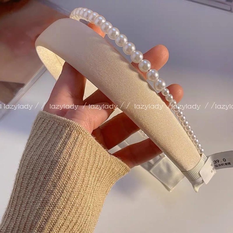 Bờm tóc vải da PU mix bờm hạt phong cách tiểu thư B150