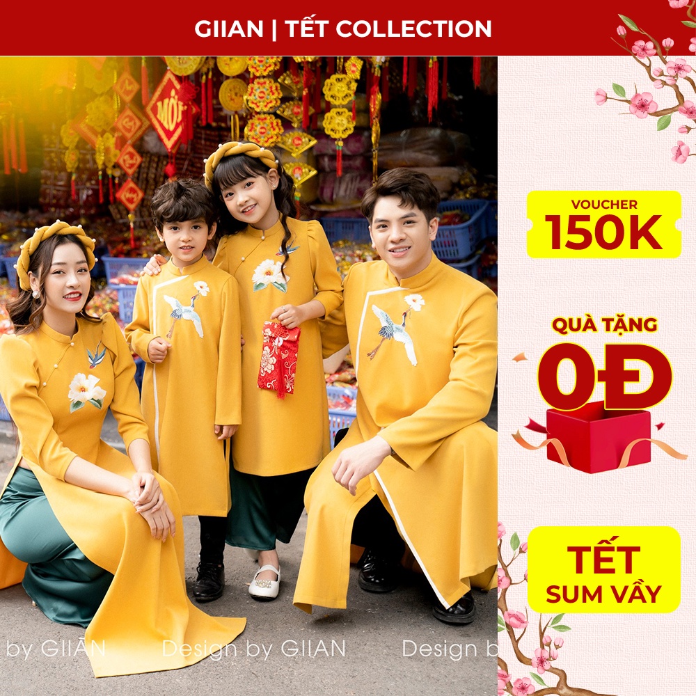 Áo dài gia đình vàng cách tân tết như ý thiết kế chính hãng Giian - GAD406