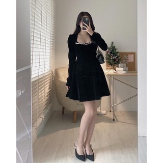 Váy- Đầm nhung cổ vuông đính đá dáng xoè