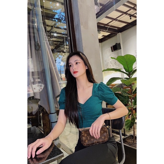 Áo croptop tay dài HHVINTAGE kiểu nhún ngực thun co giãn TOP A57